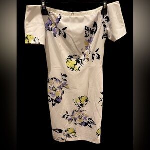 Antonio Melani midi- dress~ 
ivory/violet floral off-the-shoulder dress.
